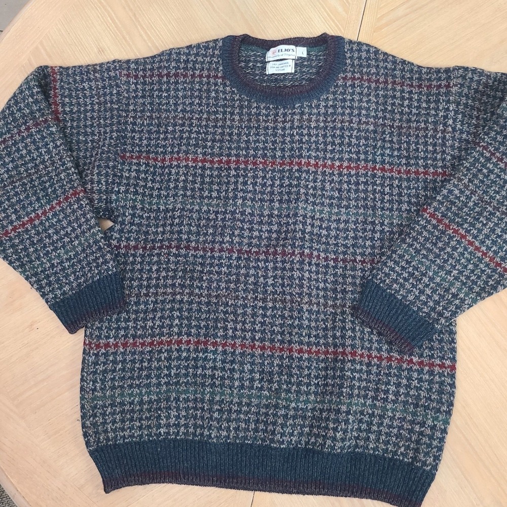 Eljo's Lambswool Sweater Mens Large Blue Green Scotland Knit Birdseye